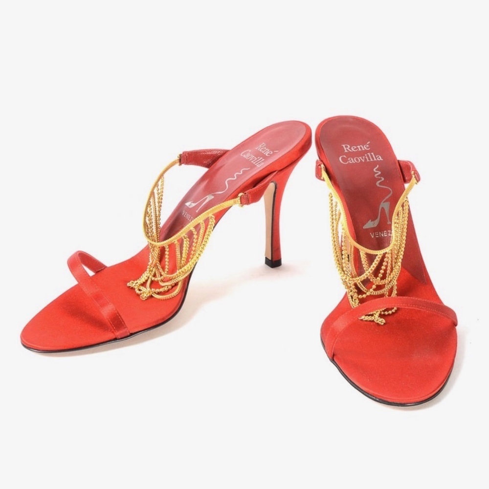 Rene Caovilla Red and Gold Chain Heels - Picture 1 of 8